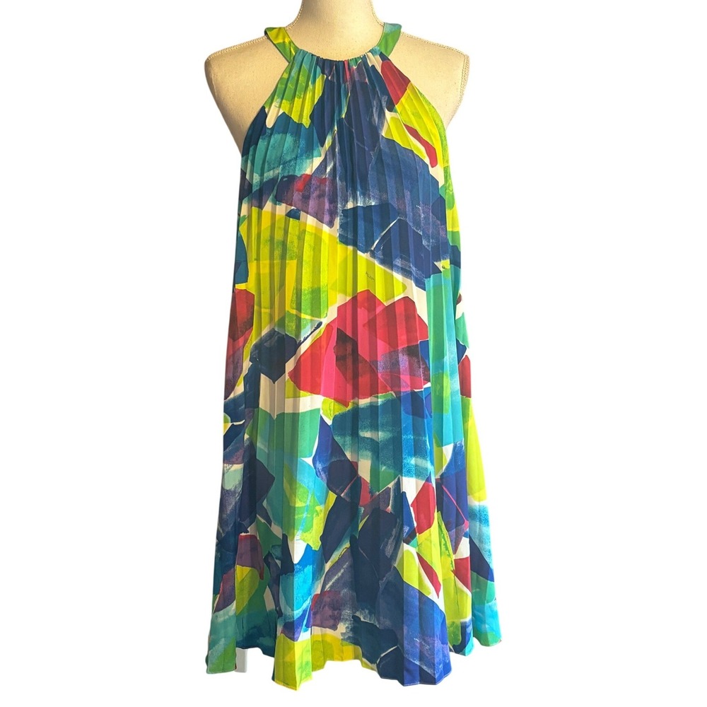 Lauren Ralph Lauren Pleated Trapeze Dress Size 6 Multicolor Abstract Halter